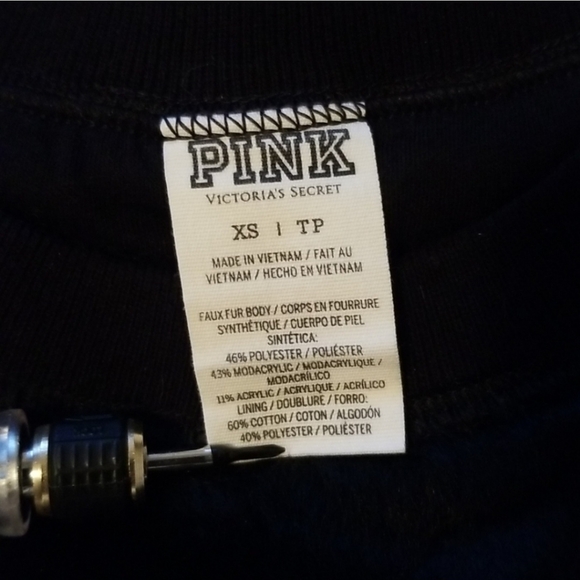 Victorias Secret PINK Black Faux Fur Sweater White PINK logo XS - Picture 4 of 10